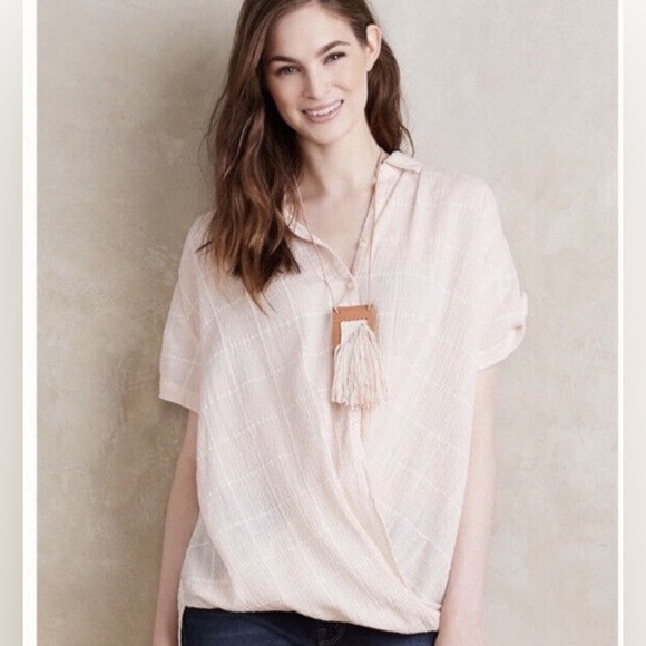 Anthropologie Isabella Sinclair Light Pink Cotton Knot Short Sleeve Shirt - Picture 1 of 3